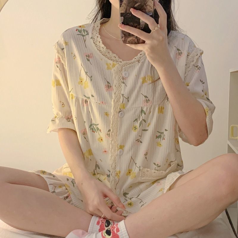 Korean version of INS pajamas women summer thin cute sweet girl pure desire WindNet red pop short sleeve shorts can be worn out