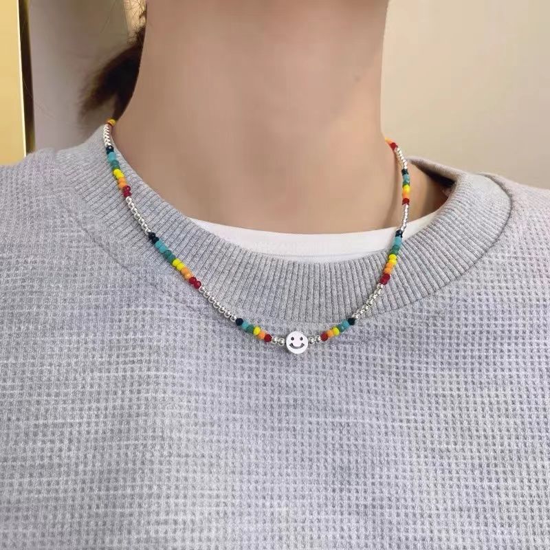 Candy Color Beaded Smiley Face Necklace 2-Piece Suit Stacked Sweater Heart Pendant Autumn and Winter Sweater Chain Clavicle Chain