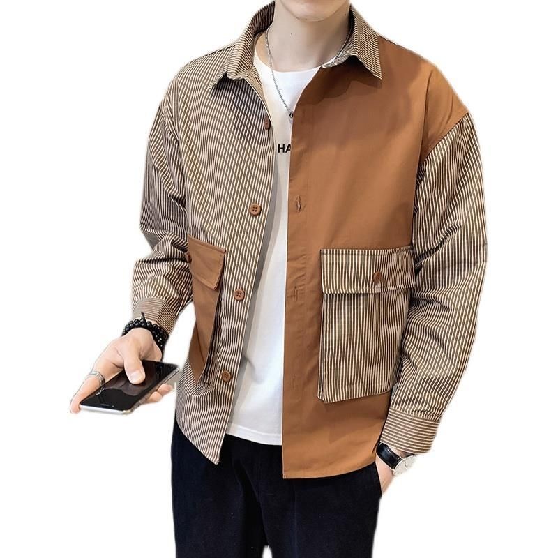 Spring and Autumn Striped Shirt Jacket Men's Trendy Korean Style Ruffian Handsome Stitching Lapel Jacket Trendy Brand Casual Top High-end Sense