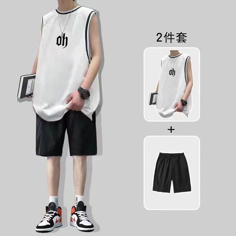 Summer five-quarter sleeve t-shirt male Korean version handsome hip-hop student vest sports shorts trendy two-piece suit