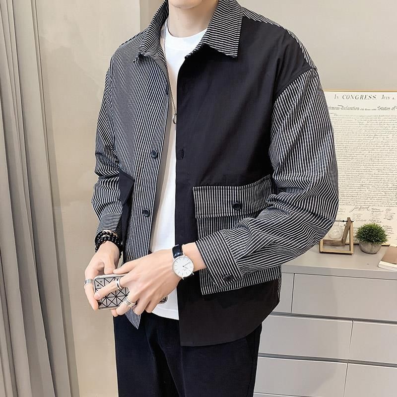 Spring and Autumn Striped Shirt Jacket Men's Trendy Korean Style Ruffian Handsome Stitching Lapel Jacket Trendy Brand Casual Top High-end Sense
