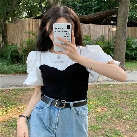 Fake two-piece spliced ​​chain short-sleeved T-shirt for women summer  new hot girl design lantern sleeve age-reducing top