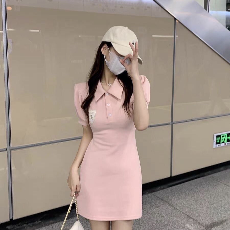 Sleeve dress female 2023 summer new Hong Kong style polo collar design bear embroidery slim slim skirt