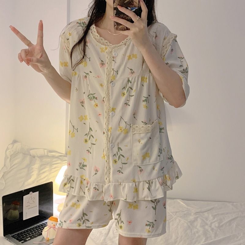 Korean version of INS pajamas women summer thin cute sweet girl pure desire WindNet red pop short sleeve shorts can be worn out