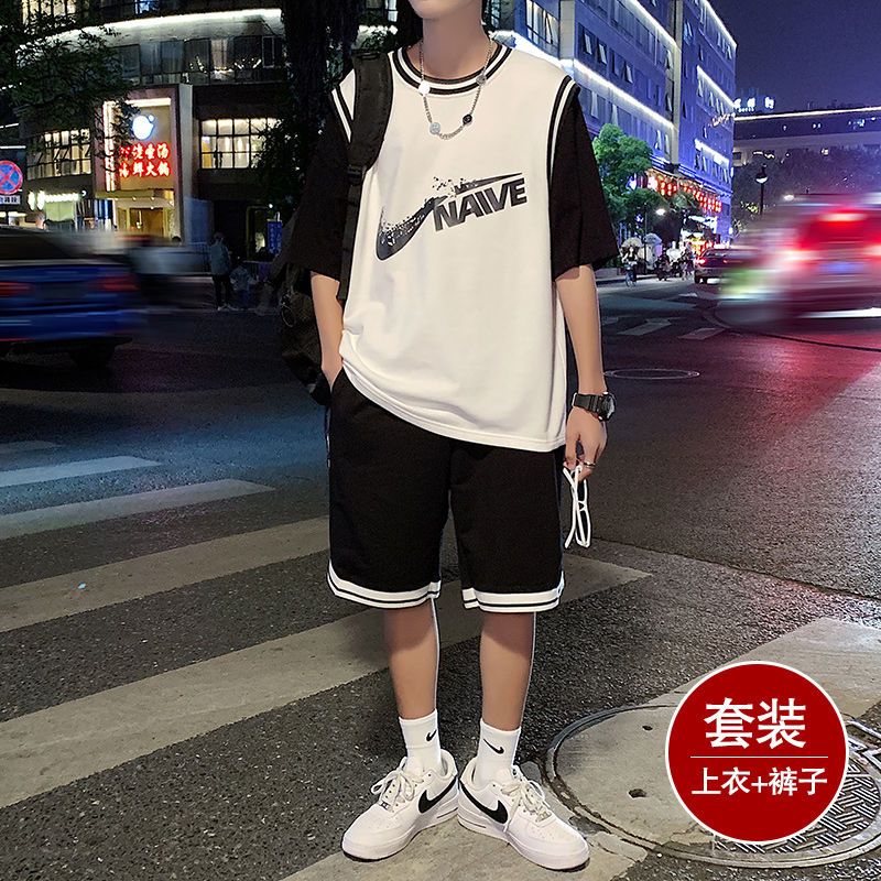 運動套裝夏季韓版潮流男裝假兩件短袖t恤男帥氣搭配一套休閒潮男