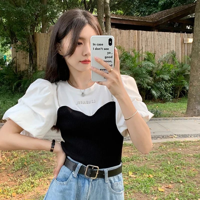 Fake two-piece spliced ​​chain short-sleeved T-shirt for women summer  new hot girl design lantern sleeve age-reducing top