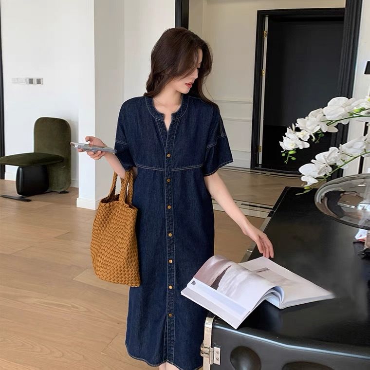 French Hong Kong style retro chic denim skirt women's summer high-end temperament slim mid-length blue dress