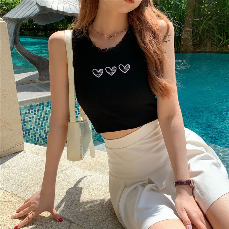 Sweet love love embroidered lace camisole women's outer wear summer hot girl short section with ins trendy white top