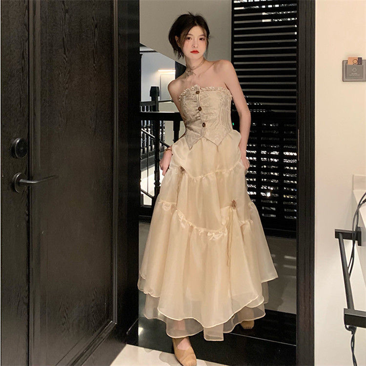 法式復古抹胸連衣裙女重工設計感小眾拼接網紗仙女長裙+針織開衫
