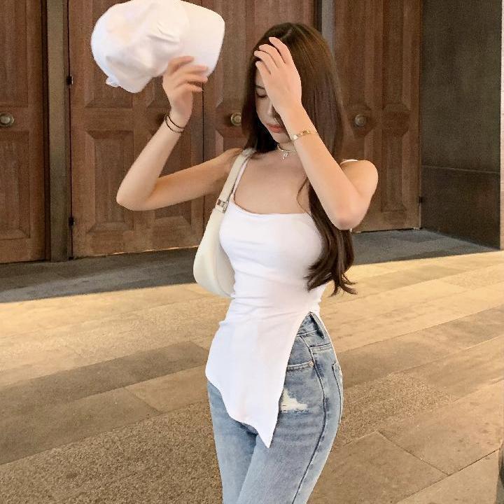 吊帶小背心女夏季韓版純色慾短款不規則辣妹白色外穿內搭抹胸上衣