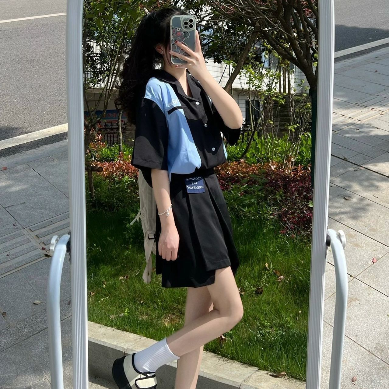 兩件套裝/單件夏款日系黑色襯衫短袖上衣女不規則高腰百褶短裙子