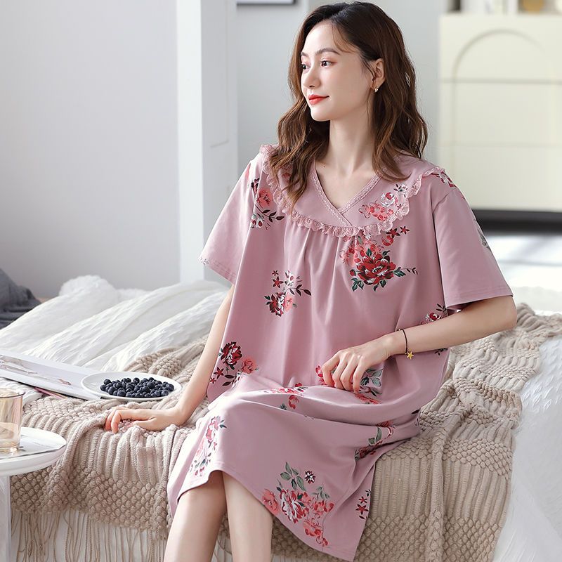 Modal nightdress women's summer long over-the-knee short-sleeved pajamas ice silk feel plus fat plus size summer home service