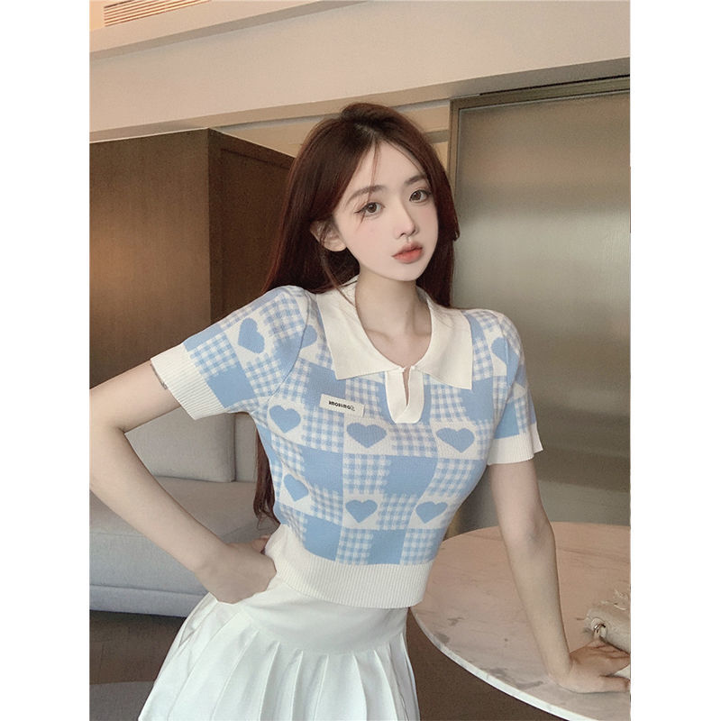 Pure desire love ice silk knitted short-sleeved T-shirt for women summer thin polo collar college style short top bottoming shirt
