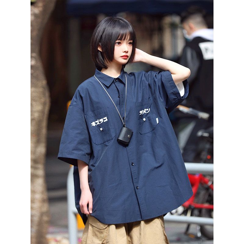 Vintage vintage Japanese shirt short-sleeved women's jacket men's summer high-end light luxury couple dress summer shirt