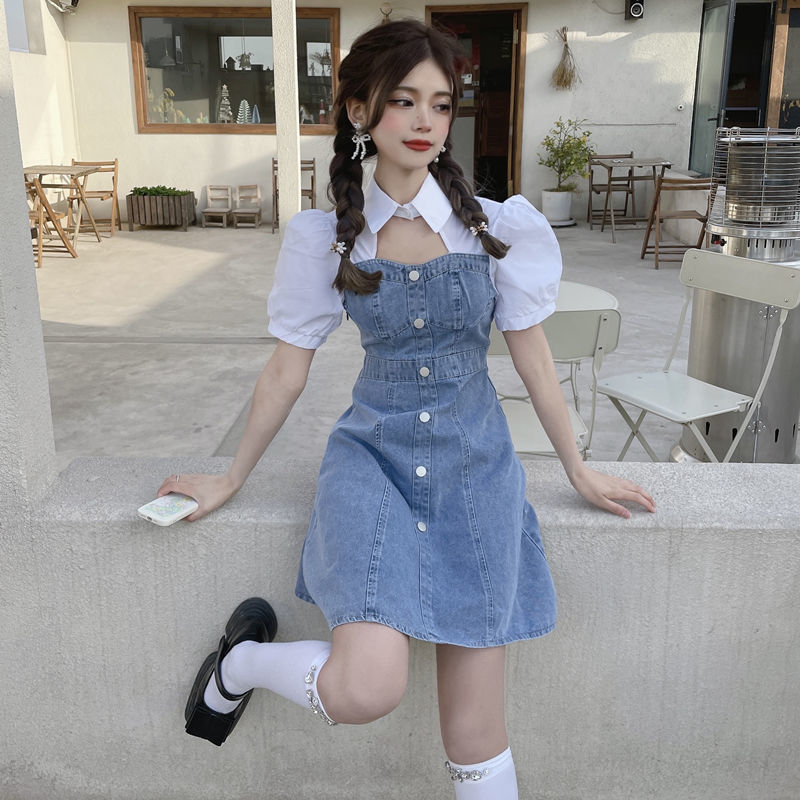 Small summer denim dress women's fake two-piece puff sleeve girl student college style slim design skirt