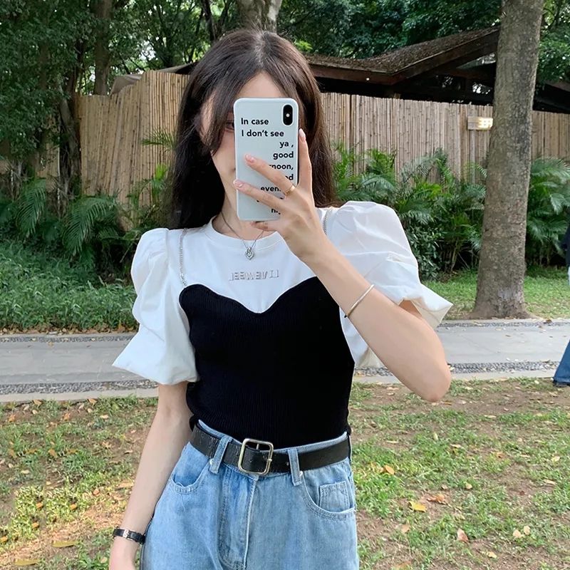 Fake two-piece spliced ​​chain short-sleeved T-shirt for women summer  new hot girl design lantern sleeve age-reducing top