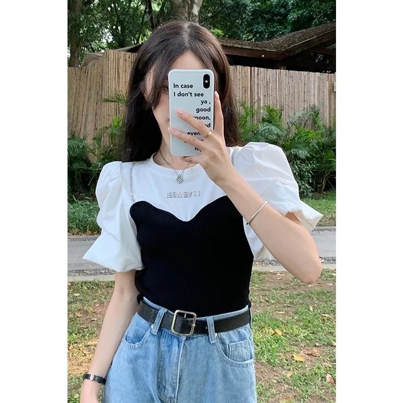 Fake two-piece spliced ​​chain short-sleeved T-shirt for women summer  new hot girl design lantern sleeve age-reducing top