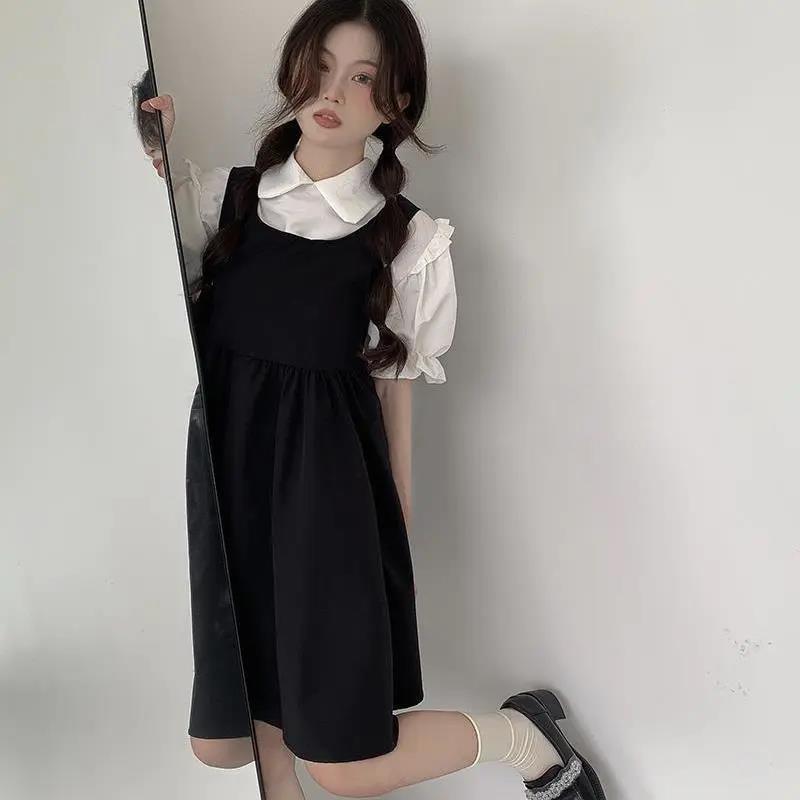 Summer new suit female American retro temperament short-sleeved shirt + loose vest dress two-piece female tide