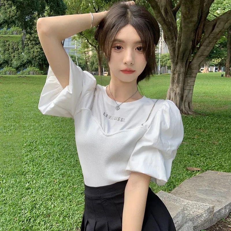 Fake two-piece spliced ​​chain short-sleeved T-shirt for women summer  new hot girl design lantern sleeve age-reducing top