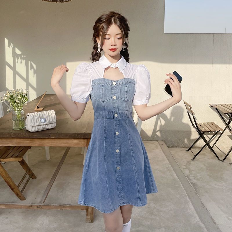 Small summer denim dress women's fake two-piece puff sleeve girl student college style slim design skirt