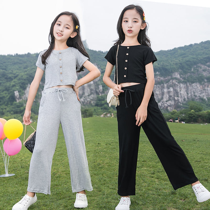 Children's clothing girls' suits summer new big boys and girls casual wide-leg pants thin section short-sleeved pants two-piece suit