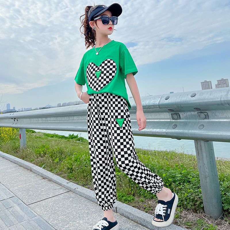 女童夏裝套裝2022新款中大童洋氣小女孩短袖炸街棋盤格褲子兩件套