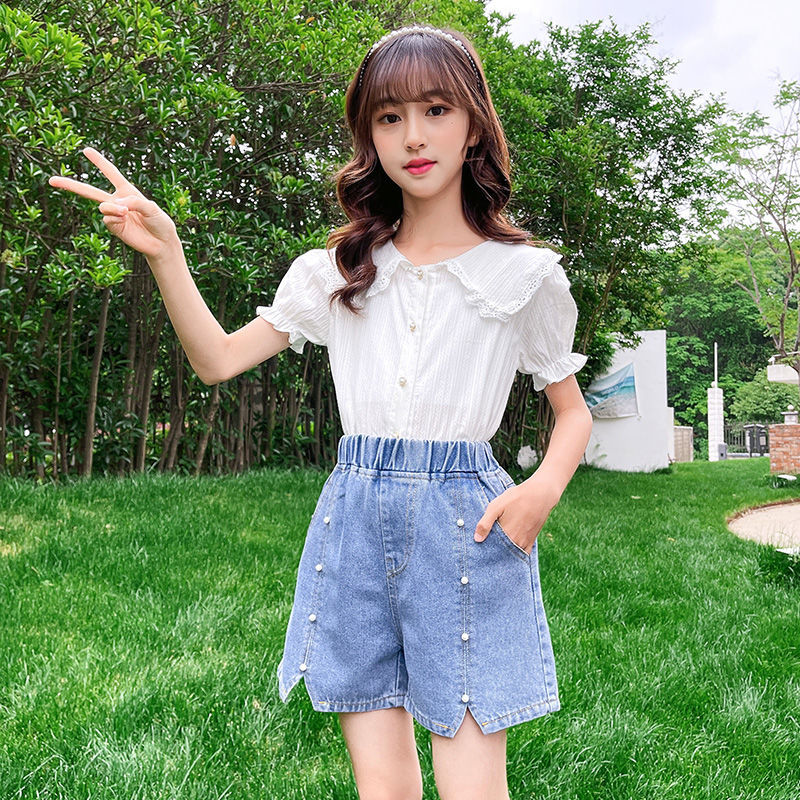 Girls denim shorts children's Korean version high waist loose hot pants  new summer thin section big boys and girls pants