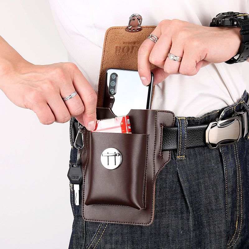 真牛皮手机包腰包男士工地干活手机皮套可放烟盒挂钥匙穿皮带专用