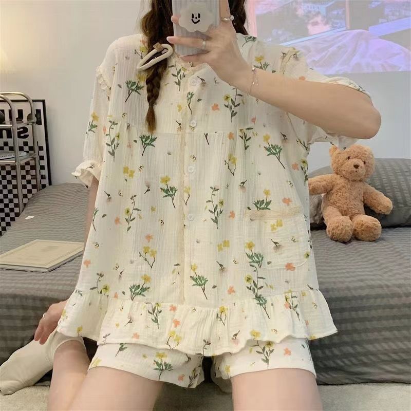 Pajama girl summer sweet little fresh two piece suit ins Princess Style Lace Floral loose home clothes student