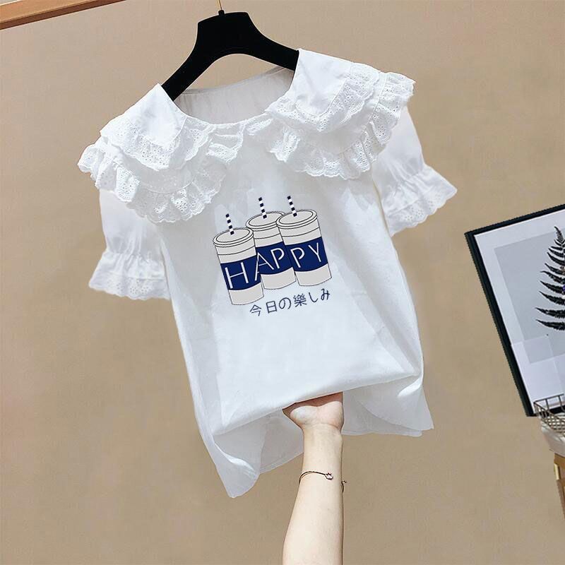 小众女童最新款衬衣短袖2023夏季韩版娃娃领上衣洋气儿童白色衬衫