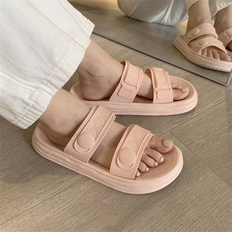 Thin strip Japanese casual home non-slip soft thick-soled slippers women's summer outerwear personality double-belt buckle sandals and slippers