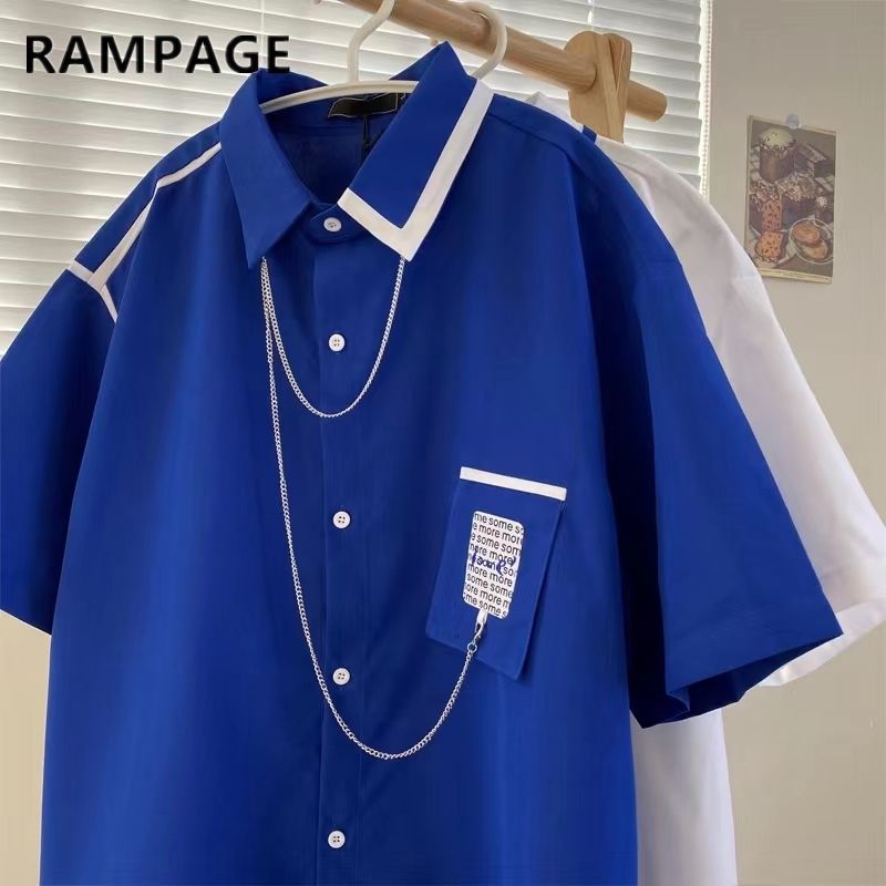 RAMPAGE design sense niche ins Hong Kong style contrast color necklace shirt men's summer loose retro chic short-sleeved