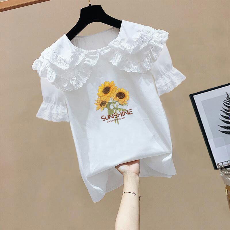 女童2023夏季新款童装儿童短袖上衣中大童印花衬衫宝宝时髦衬衣