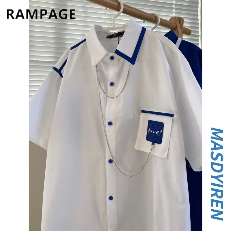 RAMPAGE design sense niche ins Hong Kong style contrast color necklace shirt men's summer loose retro chic short-sleeved