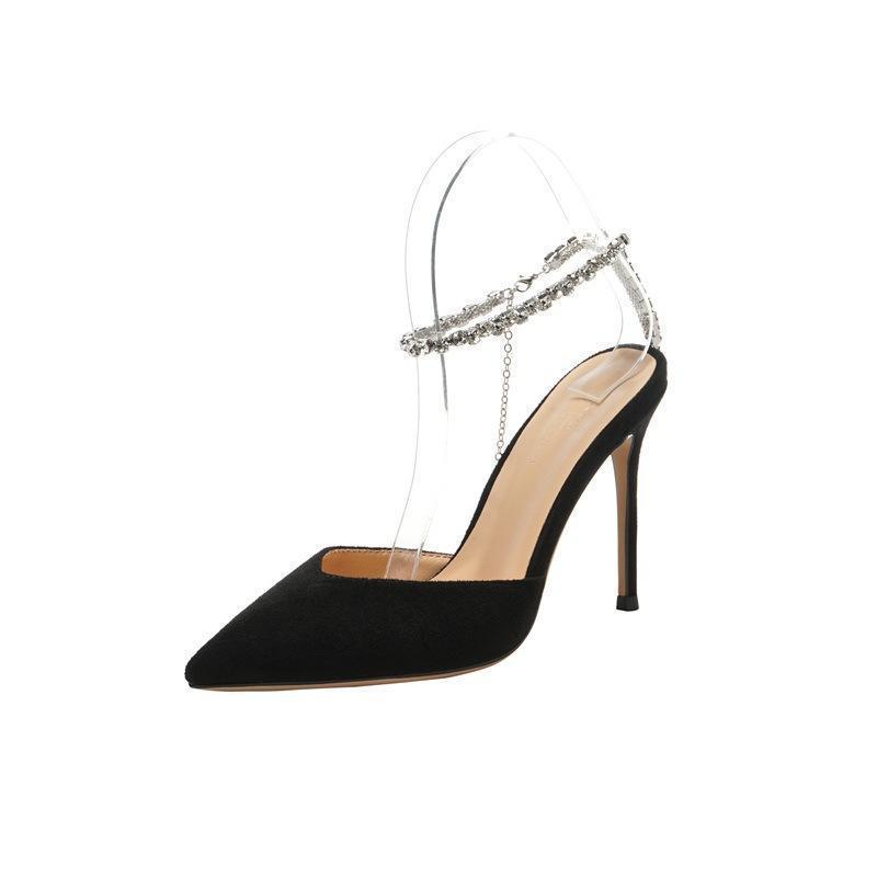 2023 spring and summer new black high-heeled shoes sexy pointed toe stiletto rhinestone chain word buckle strap Baotou sandals women