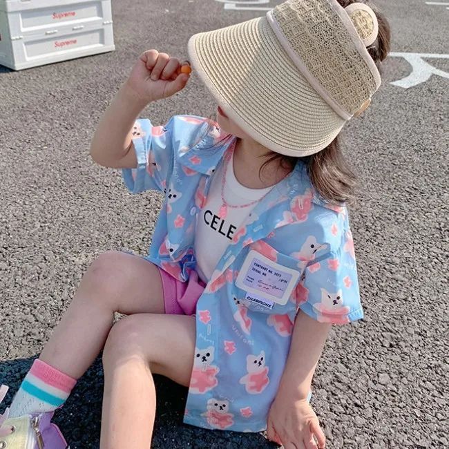 Girls' casual shirts 2023 summer new children's hit color holiday style sweet loose jacket baby girl tops