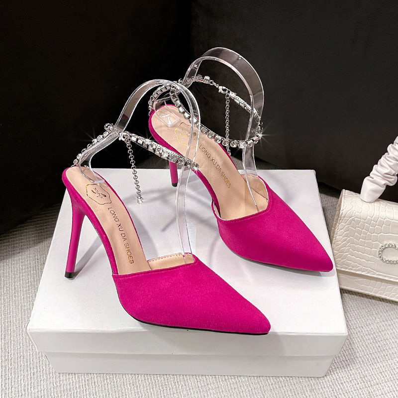 Black rhinestone sandals new Xia Yujie niche design pointy toe Baotou hollow stiletto high heels for women