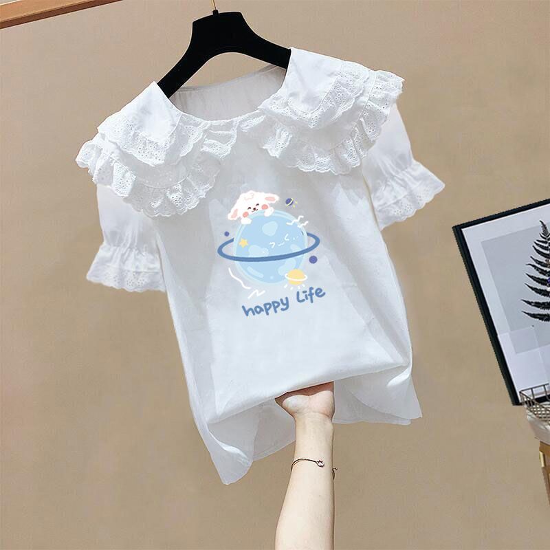 儿童短袖衬衫女童衬衣夏装娃娃领小白衬衫2023韩版洋气女孩中大童