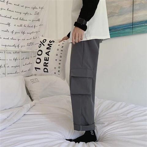 Summer thin section wide-leg pants men's overalls Korean version of Hong Kong style handsome straight loose daddy pants loose casual trousers