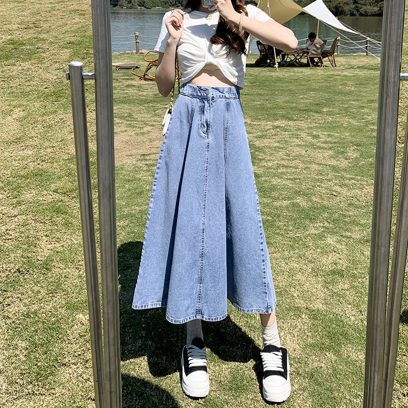 半身裙女長裙2023新款春夏中長款牛仔裙百褶高腰顯瘦a字垂感傘裙