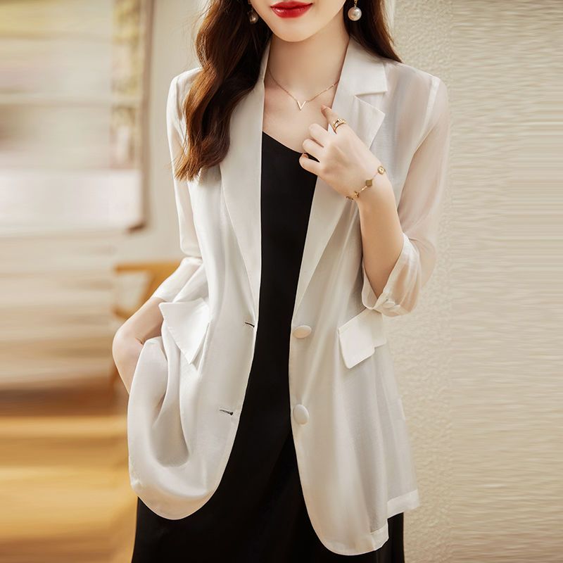 Thin sunscreen suit jacket women's top  summer new European goods hot style three-quarter sleeve tencel white suit