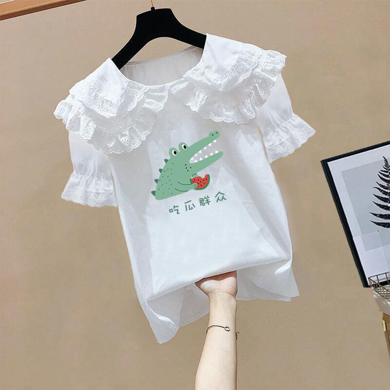 儿童短袖衬衫女童衬衣夏装娃娃领小白衬衫2023韩版洋气女孩中大童