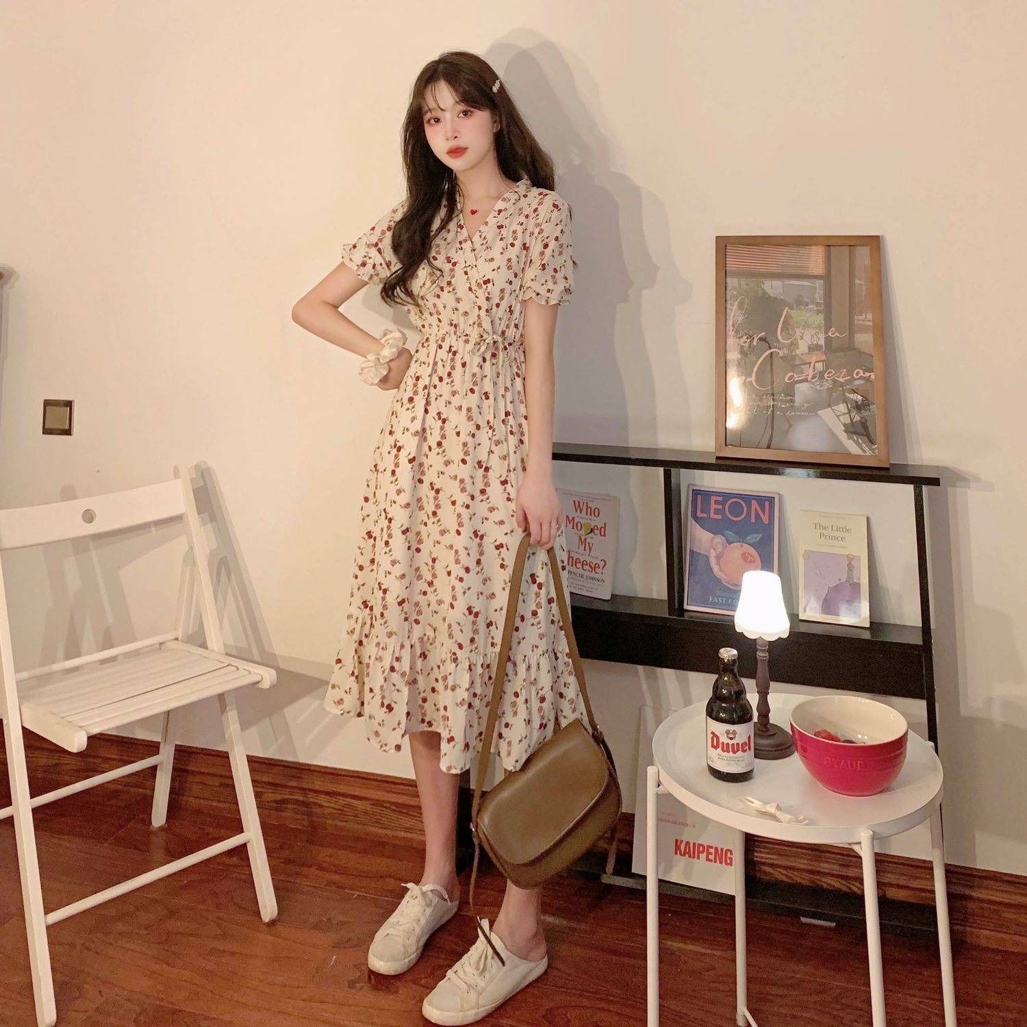 大碼胖mm茶歇法試雪紡碎花短袖連衣裙2022年新款夏季超仙學生裙子