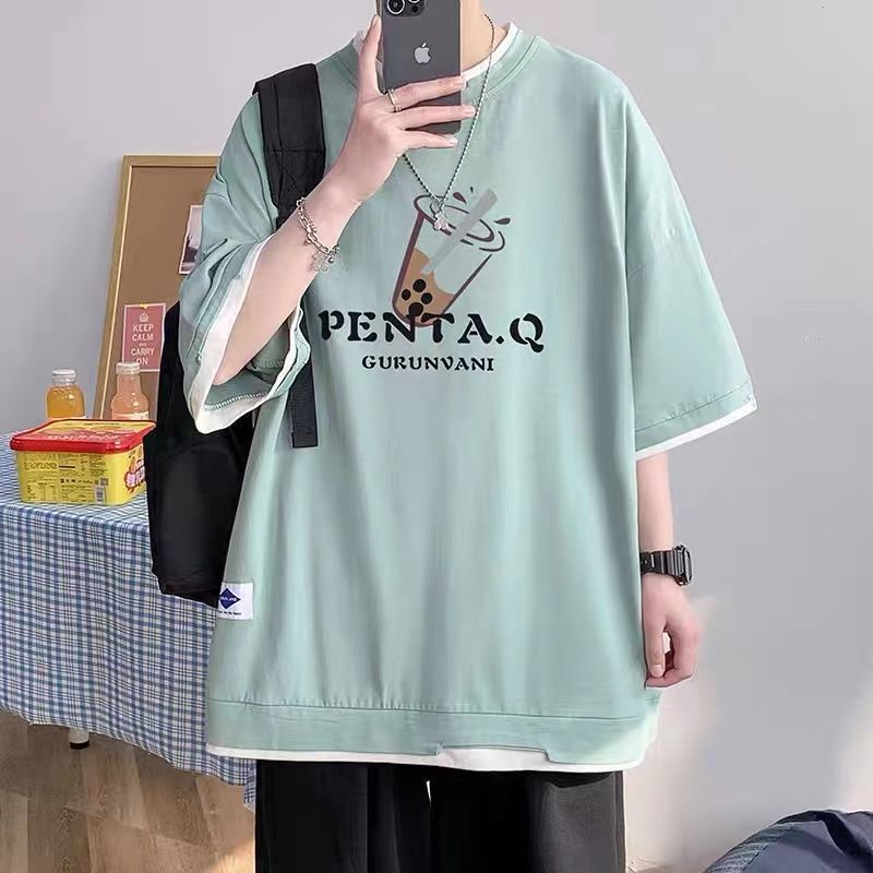 夏季假兩件短袖t恤男港風潮流ins加肥加大碼上衣寬鬆百搭五分袖女