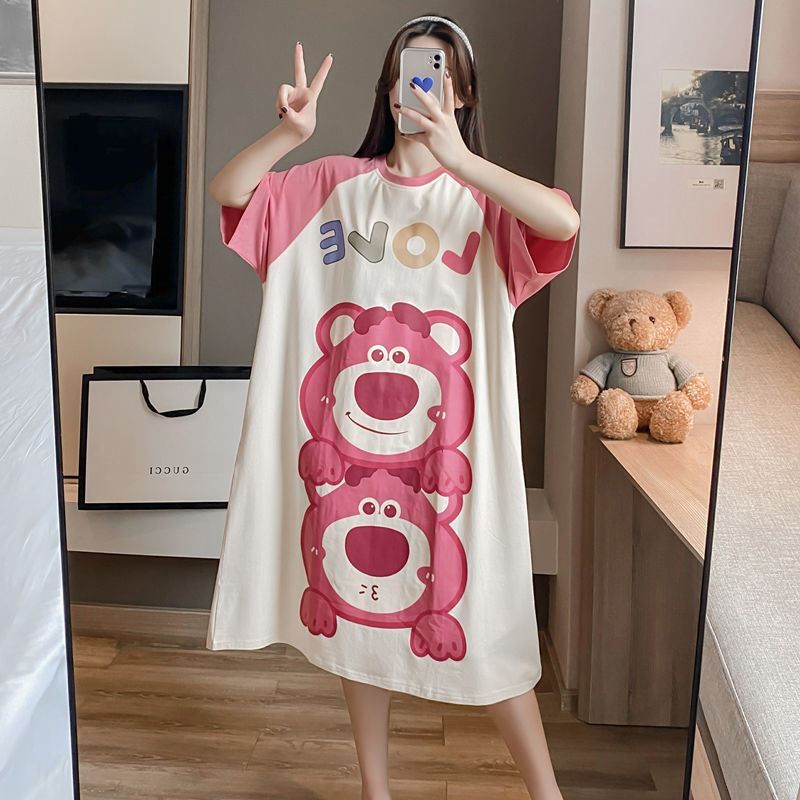 Summer new Korean version of the cartoon plus fat plus size short-sleeved nightdress loose over the knee pajamas women 200 catties 300 fat mm