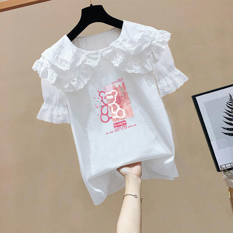女童娃娃领短袖衬衣印花2023夏季最新款中大儿童韩版洋气泡学院风