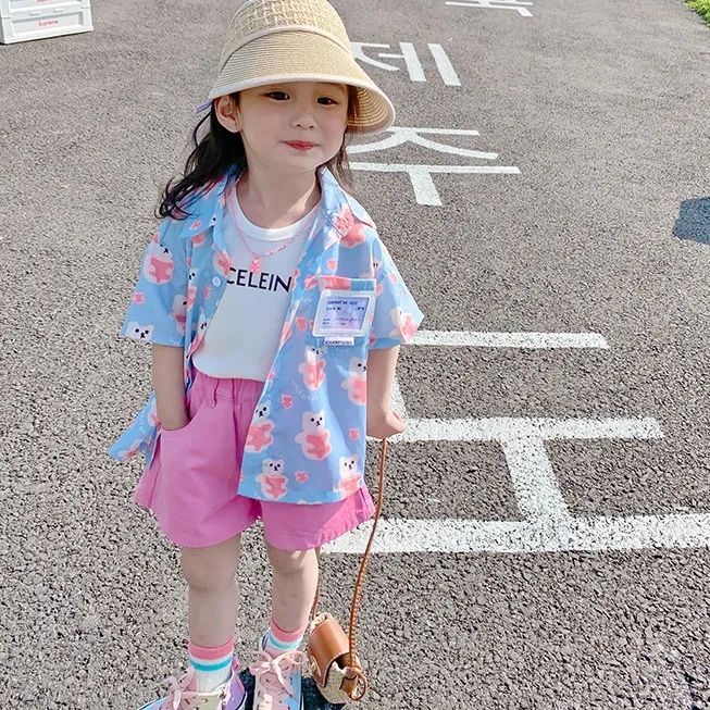 Girls' casual shirts 2023 summer new children's hit color holiday style sweet loose jacket baby girl tops