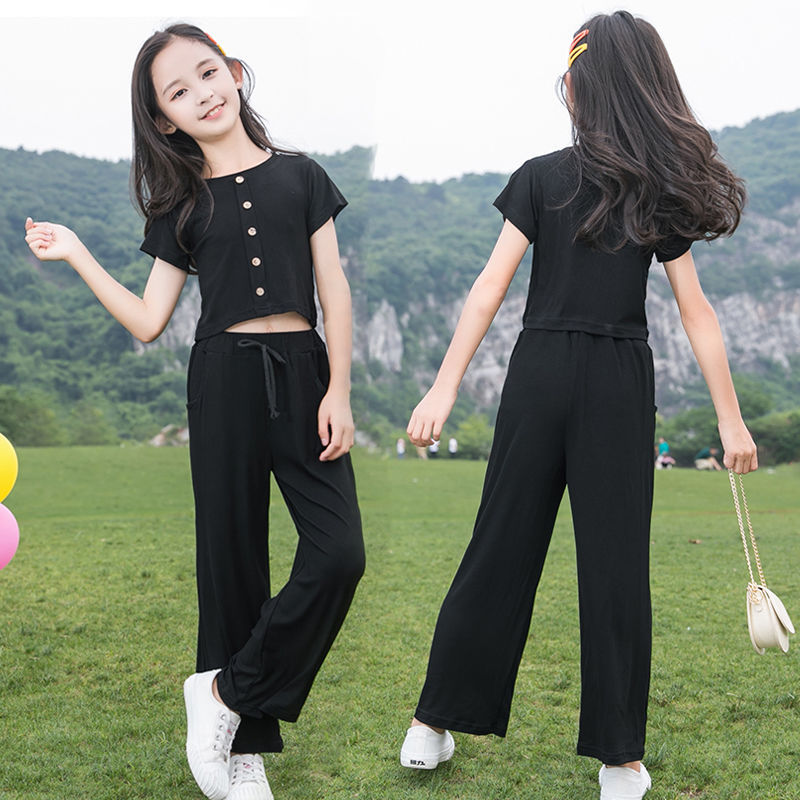 Children's clothing girls' suits summer new big boys and girls casual wide-leg pants thin section short-sleeved pants two-piece suit