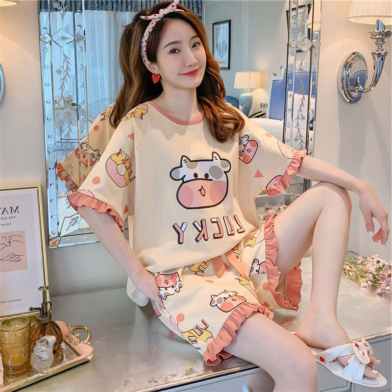 100% double-sided pajamas women's summer thin suit loose plus size student cartoon princess wind home clothes summer dress