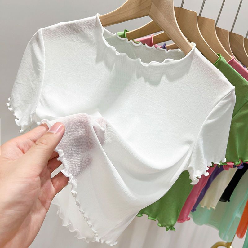 White mesh bottoming shirt women's summer transparent short-sleeved t-shirt suspender skirt with gauze half-cut short lace top